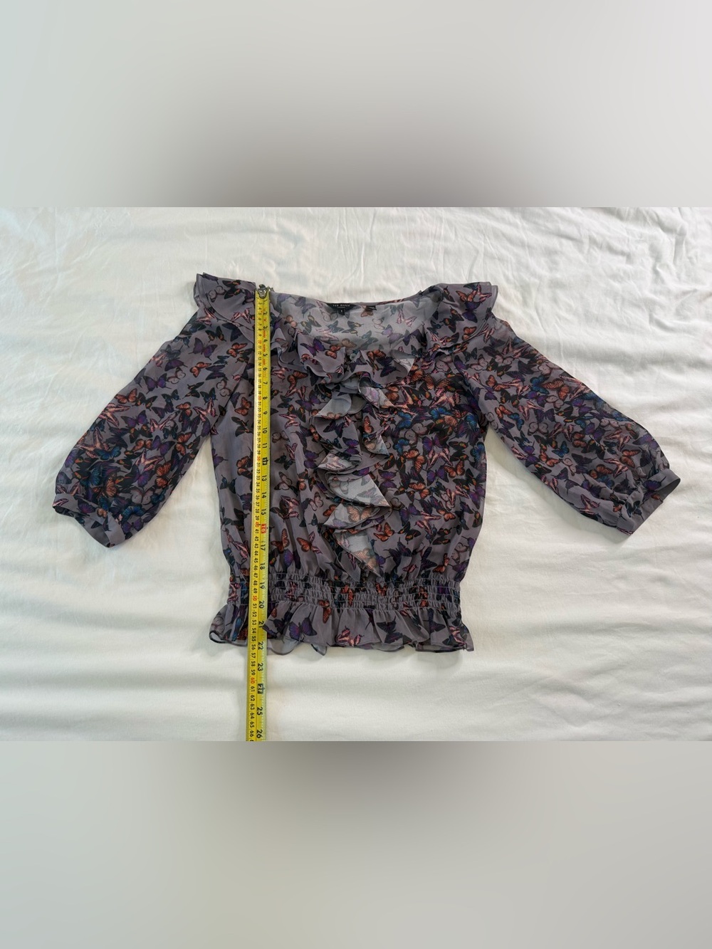 Ted Baker Butterfly Ruffle Chiffon Smocked Blouse Whimsical Balletcore Size 1 - Picture 8 of 12